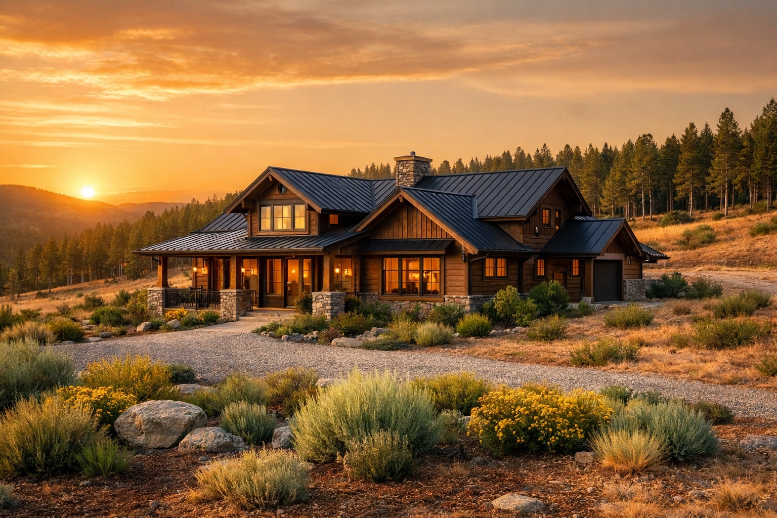 A craftsman home with well-maintained defensible space at golden hour, gravel landscaping and native plants surrounding the structure with pine forest at a safe distance