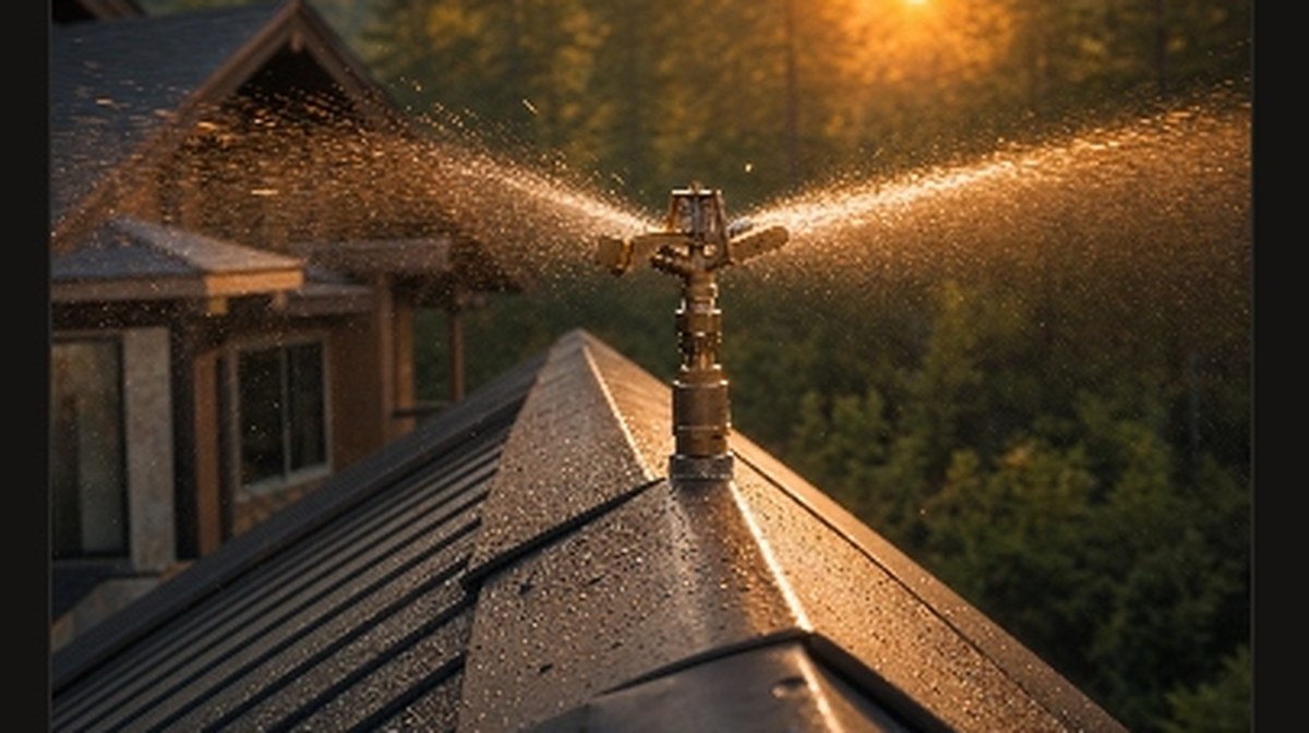 PreFire ember dousing sprinkler spraying water across a metal roof at golden hour