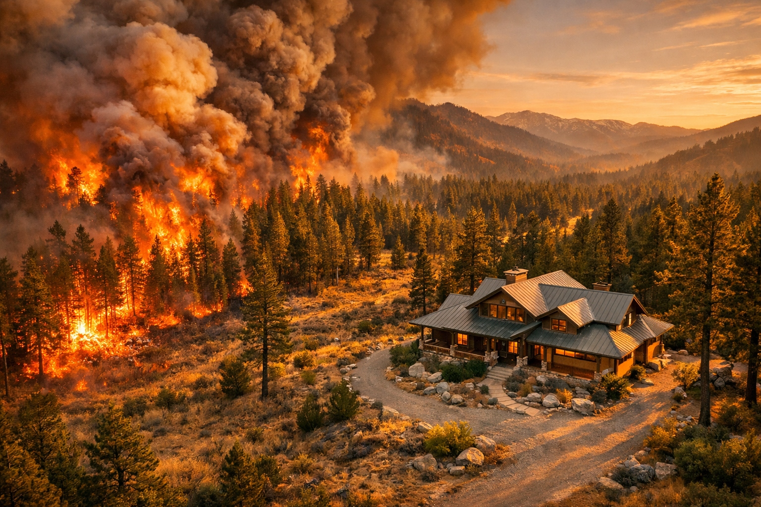Wildfire advancing through pine forest toward a craftsman home with defensible space, smoke billowing over mountain terrain