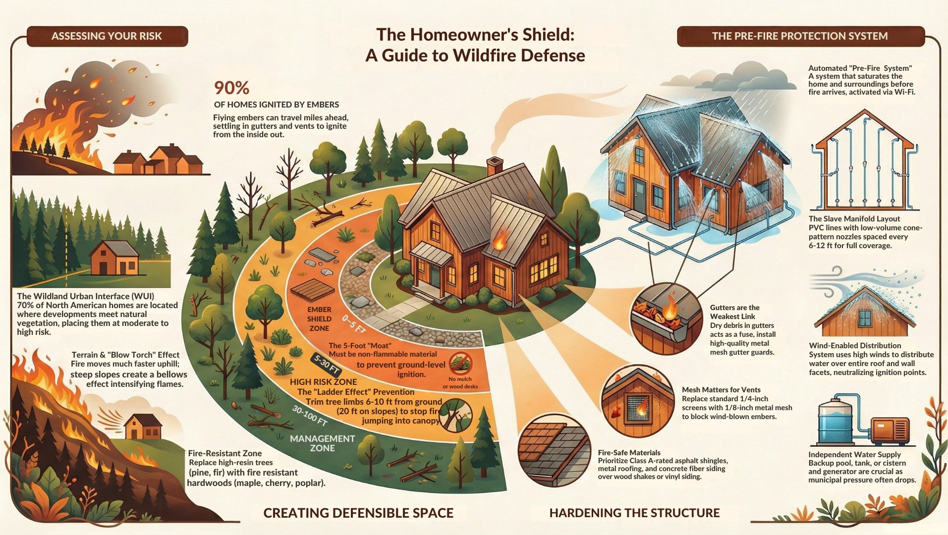 The Homeowner's Shield: A Guide to Wildfire Defense — infographic showing defensible space zones and home hardening strategies